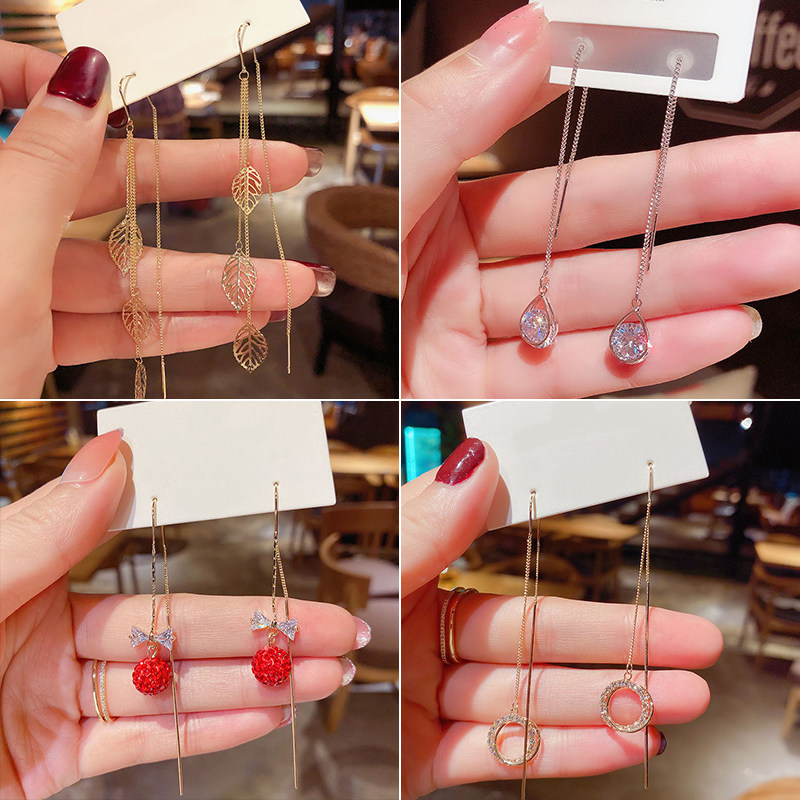 South Korea 925 silver needle ear pin minimalist ear necklace with female temperament Long version Stream Susupian earrings net red 100 hitch-ear trim