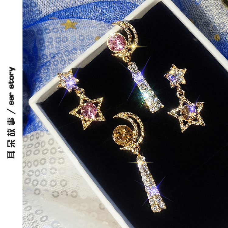 925 Silver Needle Month Asymmetrical Water Drilling Earring Temperance Korean Personality Net Red Tide ear crash ear decoration woman