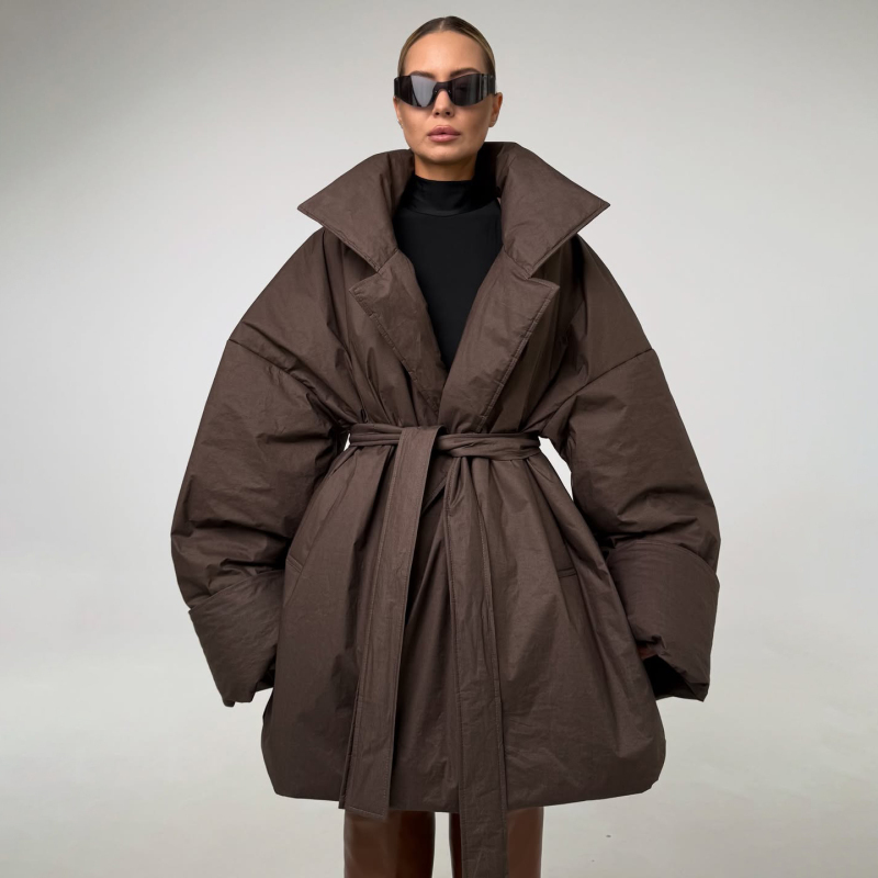 Satqueen Lazy Style Lace-Up Waist-Cinching down Cotton Coat for Women, Mid-Length, Loose, Thickened, Quilted, Warm Jacket