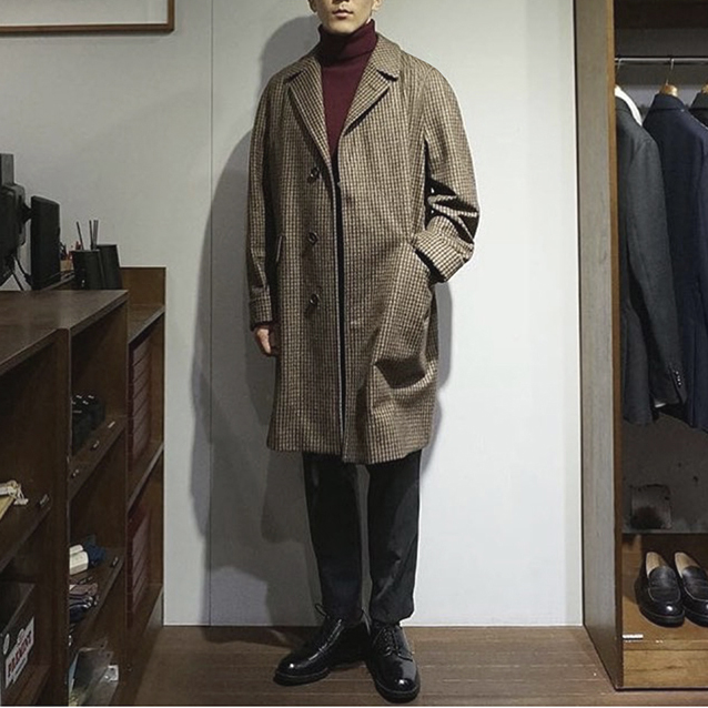 polocoat vintage chidori tartan polo coat Loose H silhouette woolen coat coat men