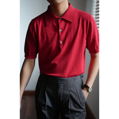 Knitted POLO shirt, short-sleeved men's long-staple cotton lapel slim T-shirt, European business style, Italian gentleman summer outfit