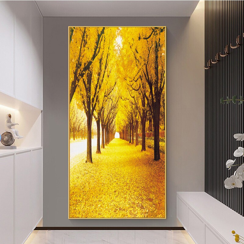 Golden Avenue Wall Art, Entrance Hall Decorative Painting, Crystal Porcelain Diamond-Encrusted Painting, Ginkgo Leaf Forest Mural