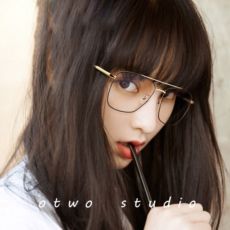 Gold wire glasses square female double beam glasses frame anti-blue light male with degree myopia toad frame no degree flat light