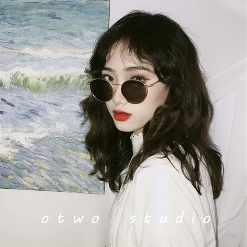 Korean version ins retro brown sunglasses women's summer oval texture gold silk edge sunglasses simple polarized holiday glasses