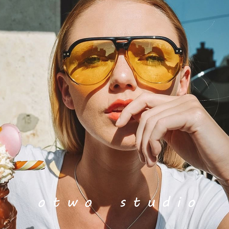 ins fashion trend big frame super cool double beam long face Blue yellow toad pilot sunglasses sunglasses for men and women