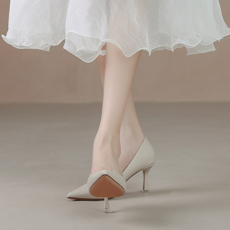 2022 new beige high heels women's stiletto pointed toe flight attendant sexy soft leather temperament goddess fan professional shoes