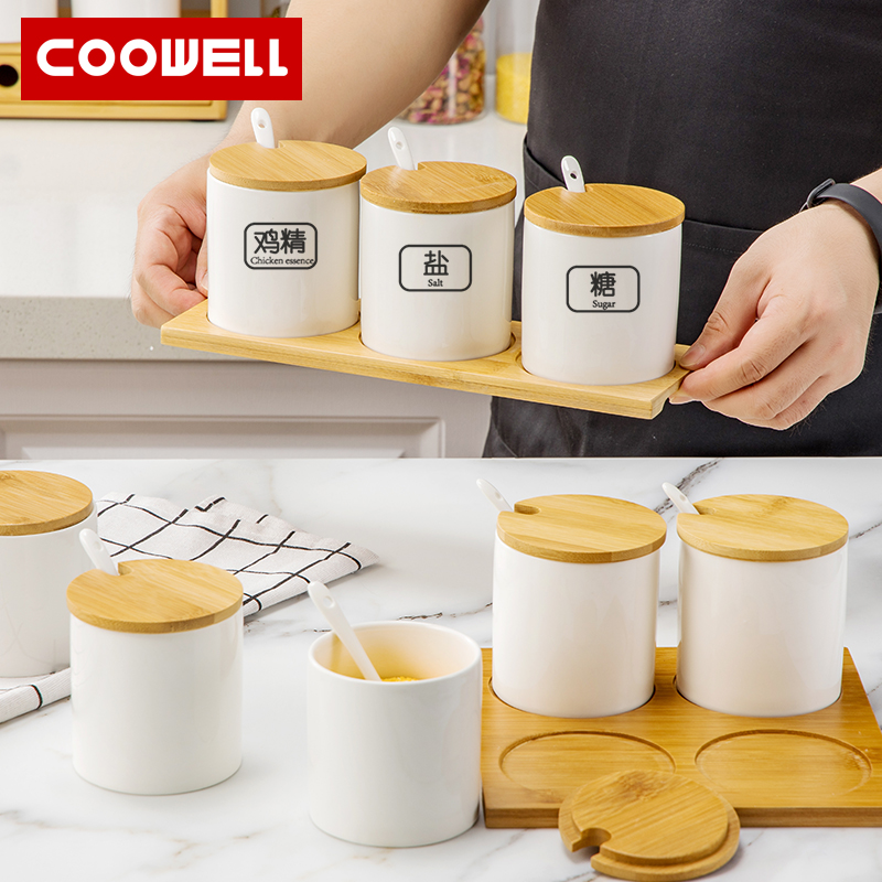 COOWELL Kitchen Ceramic Seasoned Kit Combinations Suit Seasoned Jars Salt MSG Sugar Jars Intake Box Home