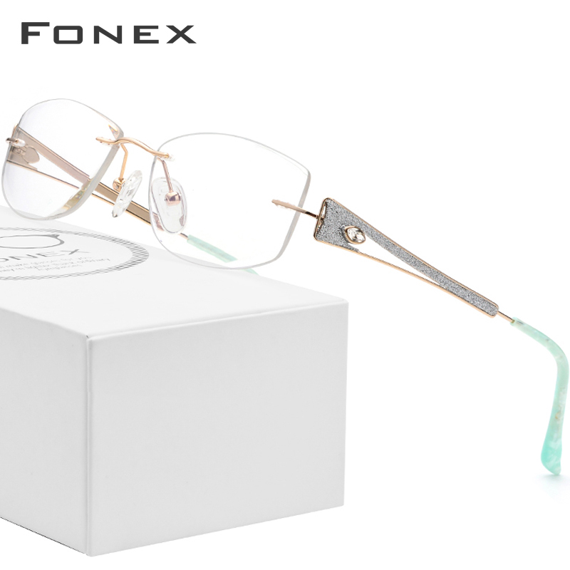 FONEX ultra-light pure B-line titanium myopia glasses frame women's frameless diamond trimmed frame white-collar aristocrats can be equipped with pieces