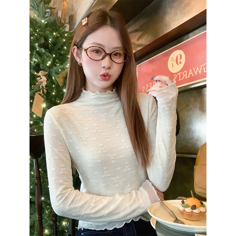 Zeng Xiaoxian Korean-Style Three-Dimensional Embroidered Long-Sleeve Base T-Shirt for Women, Early Autumn, Ruffled Edge, Gentle and Slim-Fitting Inner Top