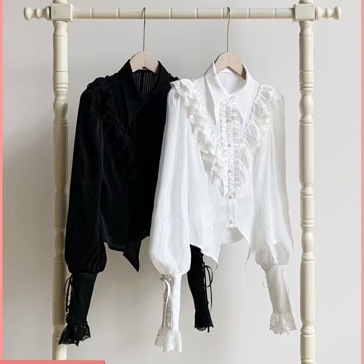 Original Design Charlotte Gothic Two-Tone Lantern Sleeve Shirt, Lightweight, Slightly Sheer, Skin-Friendly, Icy Feel, Lolita Inner Wear