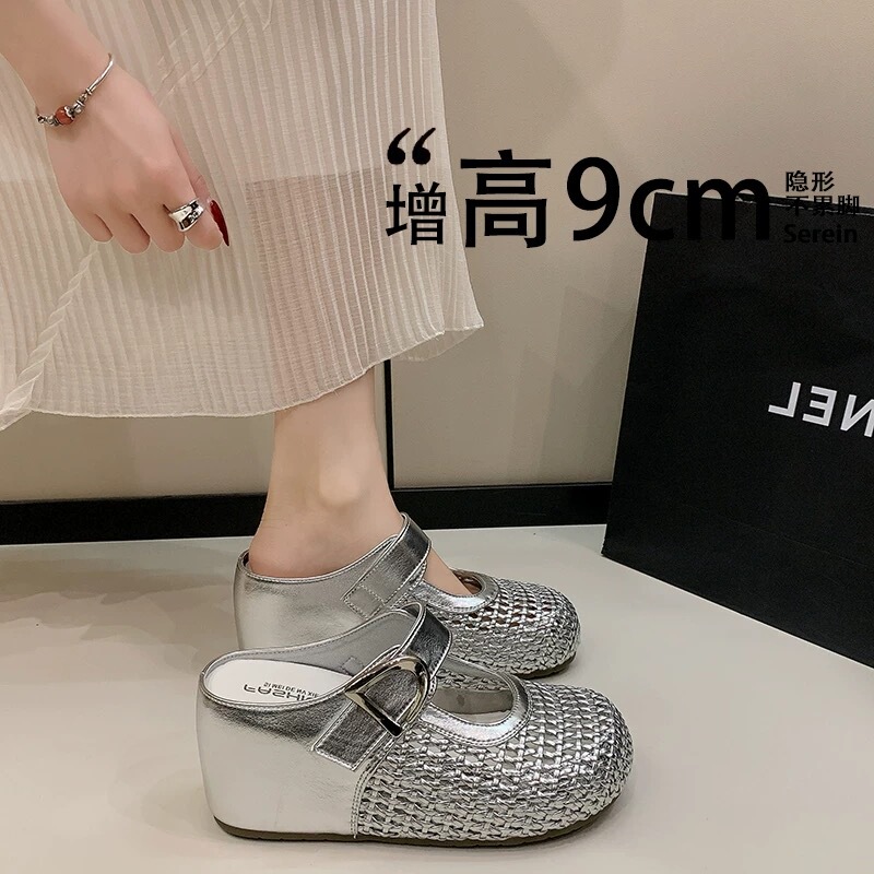 Women's Genuine Leather Birkenstock-Style Slippers for Height Increase of 9cm, 2026 Spring/Summer New Style, Hollow Breathable Wedge Retro Sandals Women's Genuine Leather Birkenstock-Style Slippers for Height Increase of 9cm, 2026 Spring/Summer New Style, Hollow Breathable Wedge Retro Sandals