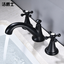 Bathroom triple hole double take the face basin full copper double switch tap black European three-piece split double control hot and cold tap