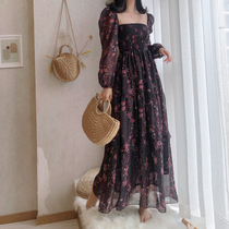 French retro long sleeve floral skirt high waist chiffon autumn Korean version of inner skirt show thin long temperament gentle dress