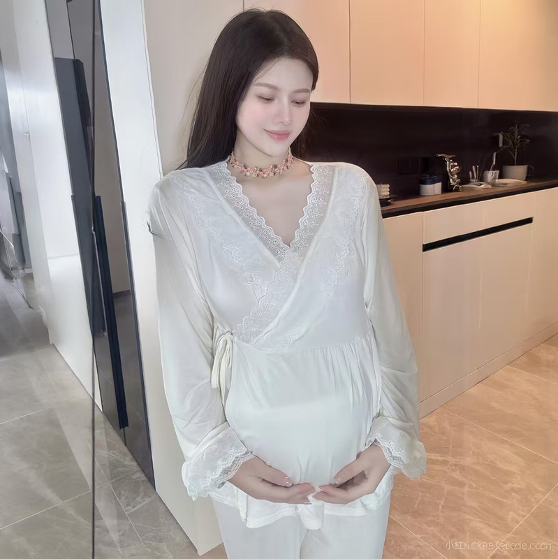Summer Thin Maternity Pajamas with Chest Pads, Kimono-Style Modal Maternity Wear for May and June, Suitable for Postpartum and Nursing