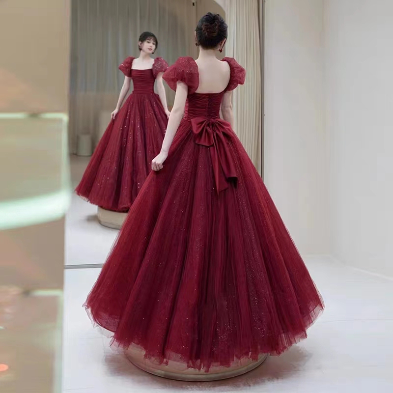 French Toast Dress for Women Burgundy Wedding Bride Out of the Pavilion Banquet Dress Skirt Back Door High-End Fugitive Princess Engagement