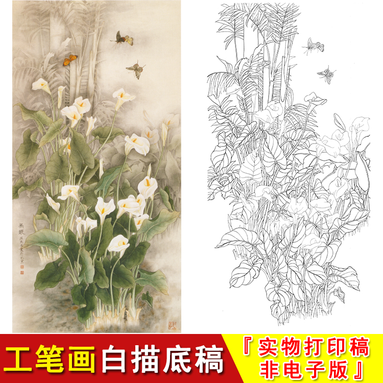 Work stroke white sketch manuscript with large vertical width of four feet six feet of flower-butterfly horseshoe lotus-no time A001-Taobao