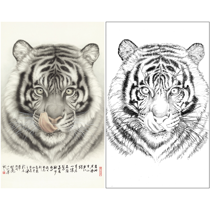 Meticulous painting white drawing draft, Tiger head Liu Jibiao, Chinese painting material, rice paper, copying line, physical printing draft A632