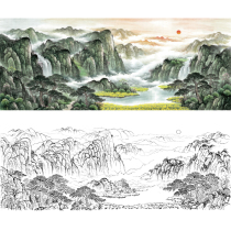 Meticulous white drawing manuscript large horizontal version landscape painting line draft green water green mountain copy hook line physical printing FS11