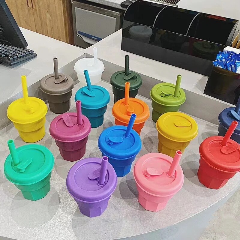 minnow silicone straw cup children with hand soft water glasses subnet red Korean ins coffee cup small red book co-payment
