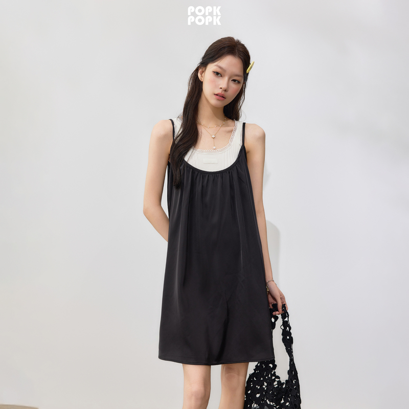 Popk2026 Summer New Black Spaghetti Strap Dress Slim Fit Short Skirt Korean Style Elegant Simple Suit for Women