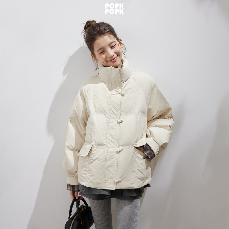 Popk2025 Winter New Style Contrasting Plaid Stand Collar Short Thickened Duck down Jacket for Women