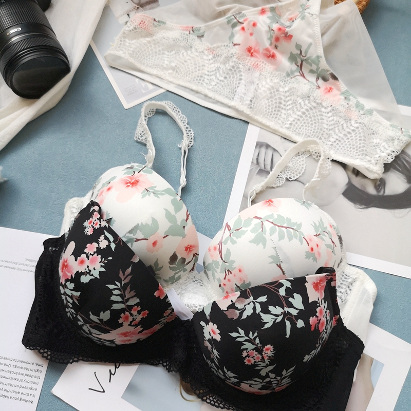 Small Finn white patterned bra Women coaleste sexy lingerie suit elegant and comfortable upper and lower thick women's underwear