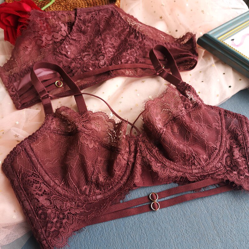 Xiao Fen ultra-thin bra large breasted with small and thin section to gather transparent Sexy lace with steel ring perspective lingerie suit Xia