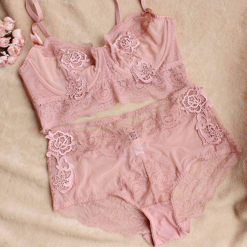 Xiaofen ultra-thin bra sexy transparent pink big chest small suit with rims Ultra-thin underwear thin models gathered