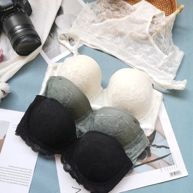 Xiaofen underwear set gathered sexy 1 2 half cup tube top style upper thin lower thick lace detachable shoulder strap underwear summer