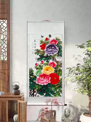 Pure hand-painted Chinese painting peony picture hanging style splashing rich decoration living room entrance aisle corridor scroll vertical version