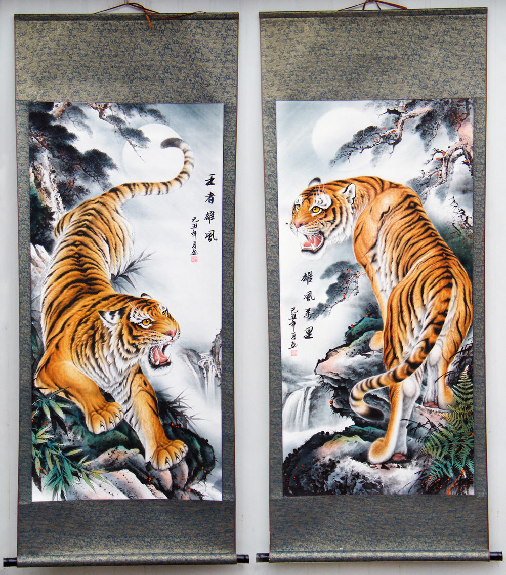 Tiger painting country painting up mountain tiger decoration painting tiger picture living room feng shui painting Lower mountain tiger hanging painting scroll hanging Chinese style decoration