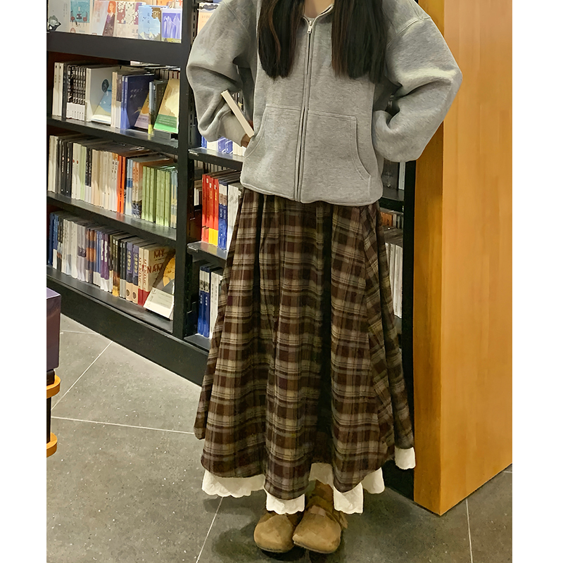 Meilade Retro Plaid Midi Skirt for Women, Spring and Autumn, Long, Slimming, High-Waisted A-Line Lace Skirt, Petite, Large Flared Skirt