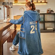 Mu Lily pajamas female autumn and winter coral velvet thickened plus velvet warm hooded nightgown home clothes can be worn outside suit