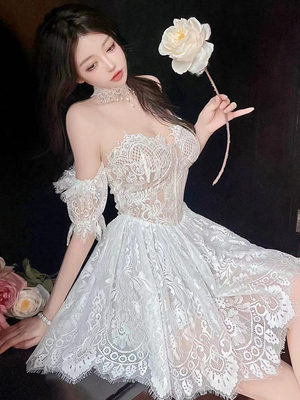 taobao agent Keyan, sweet frying street puffy skirt children summer temperament white lace word shoulder dress 2022 new girl