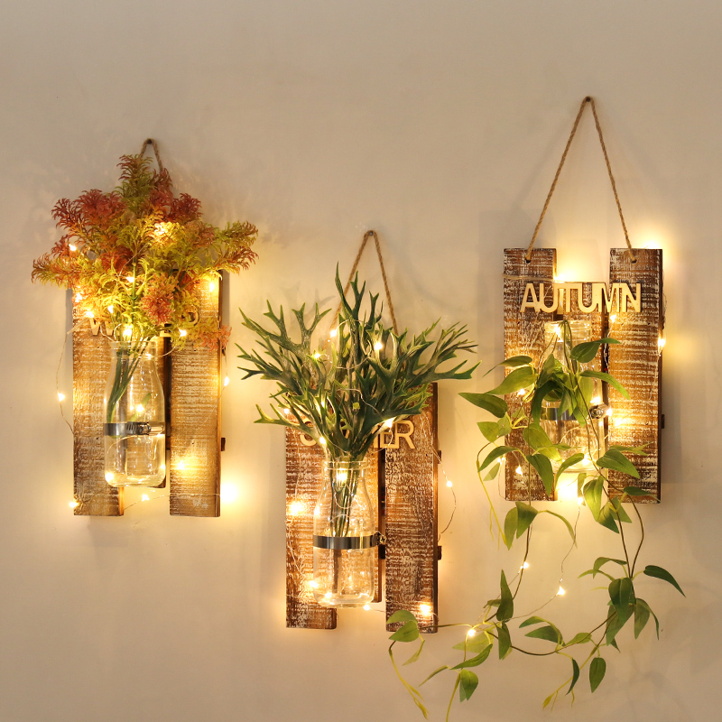 Wall hanging vase creative hanging on the wall wall hydroponic green plant living room home wood plank background wall decoration pendant