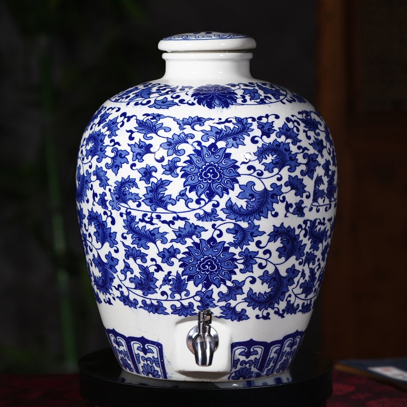 Jingdezhen Ceramics Wine GREEN FLOWER SEALED WINE CYLINDER 10 CATTY 50 CATTY 50 CATTY WITH TAP BUBBLE WINE BOTTLE WINE POT HOME WINE JARS