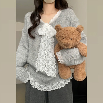 Gray v-neck bow pullover sweater for women autumn and winter 2024 new style lazy style high-end loose knitted top