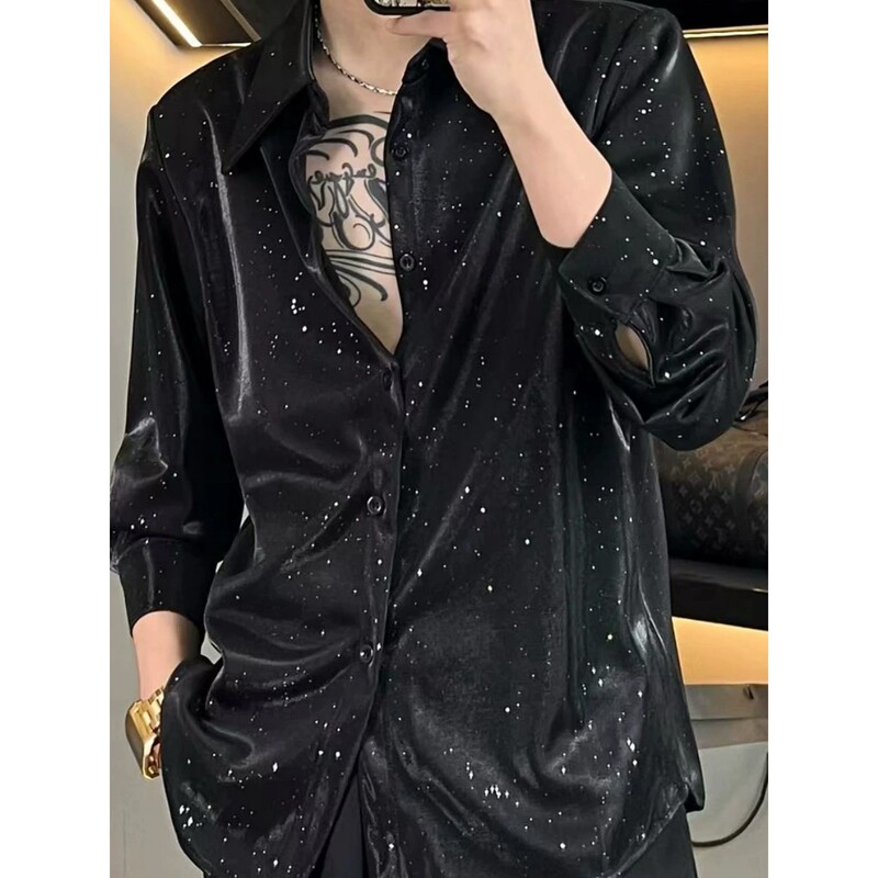 Black Shirt with Small Gold Dots for Men, Loose Korean Style, Trendy and Cool Design, Starry Sequins, Long-Sleeved Shirt for Men