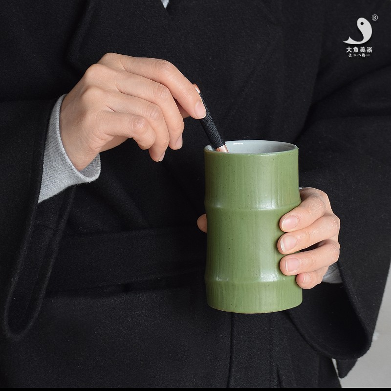 Creativity Accompanying Cup Jingdezhen Handmade Ceramic Bamboo Water Cup Daily Style Holding Cup Art Fan Retro Style Green Bamboo