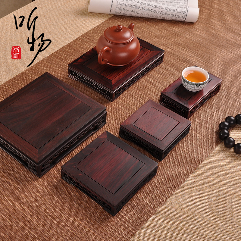 Red Wood Rectangular Hollowed-out Pendulum Pieces Base New Chinese Solid Wood Zen Teapot Chi Stone Jade Ware Bonsai Incense Stove