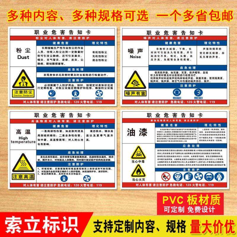 Dust noise occupational disease hazards notification card noise harmful safety warning signs paint sulfuric acid hydrochloric acid attention