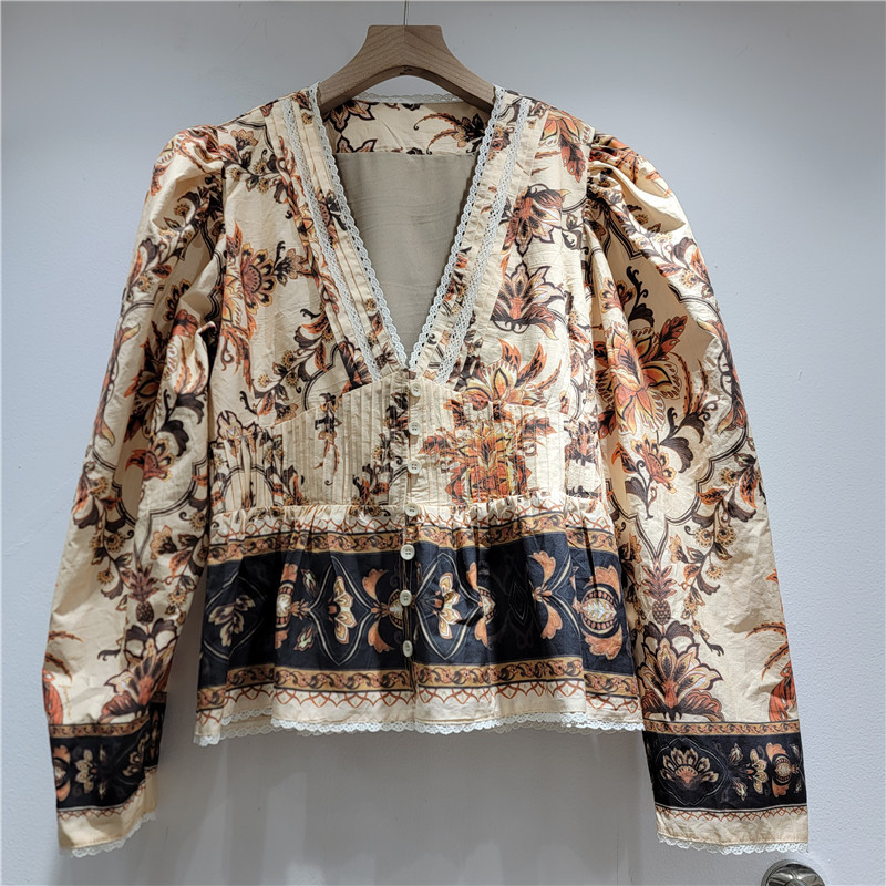 Niche Design Retro-Style Bohemian Floral Print V-Neck Lace Trim A-Line Waist-Cinching Long-Sleeve Shirt
