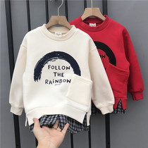 Autumn and winter new Korean version plus velvet sweater in small childrens plaid stitching fake two-piece top fashion mens and womens fashion childrens clothing