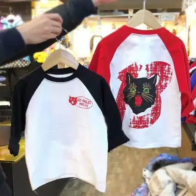 Korean version of men's and women's children's clothing cartoon cat long-sleeved cotton T-shirt Autumn new fashion middle and small children's bottoming shirt top