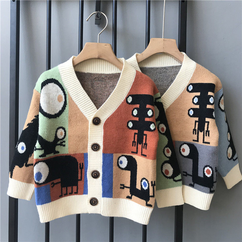 Girl Clothes Autumn Winter New Cartoon V Collar Sweater Sweater Han Version Foreign Pie Children Jacket Boy Baby Pin Weaters