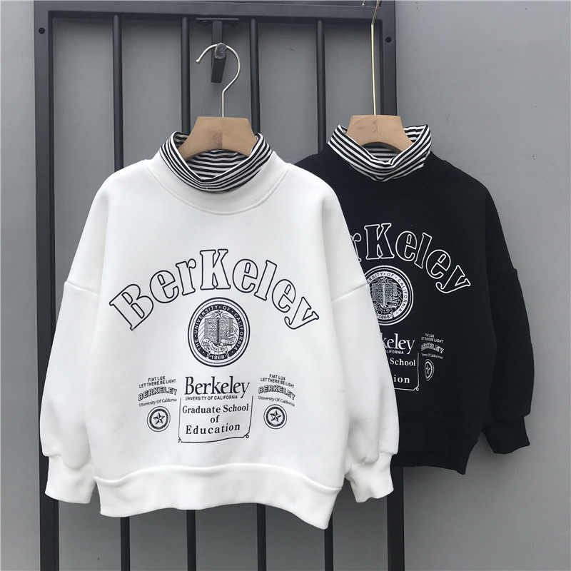 Children's sweater plus velvet and thickened boy's fake two-piece 2022 autumn and winter new foreign style striped pile collar top coat