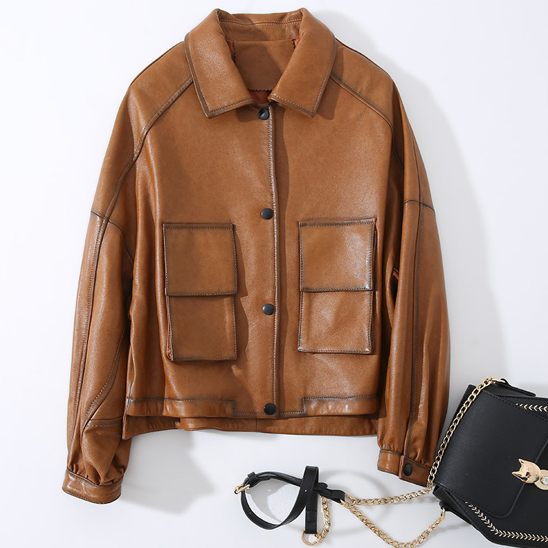 2022 genuine leather leather clothes lady autumn winter new long sleeves Hull Locomotive Leather Jacket Oil Wax Leather Sheep Leather short jacket