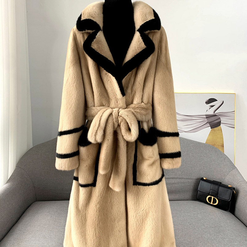 Henin 2021 Autumn Winter New Imported Velvet Mink Leather Big Coat Female mink Mink Fur Fur Long Version Over Kneecap Jacket