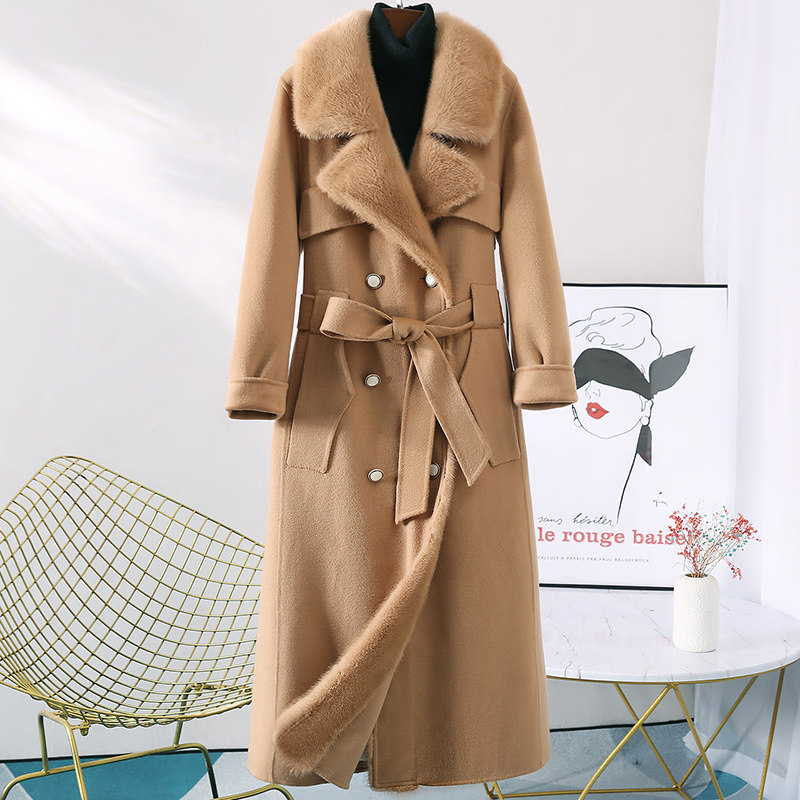 2021 new high-end wool with water mink collar double face cashmere big coat female whole mink version windcoat wool coat wool