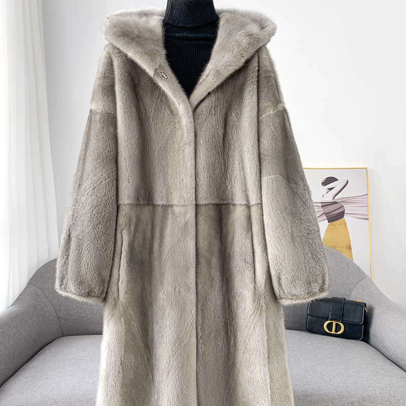 2021 Autumn Winter New mink Lady with hat Purple Pettitian Goose Down Medium Long Version Ferret Fur Coat Big Coat Young